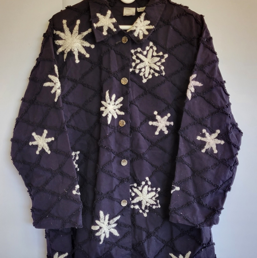 Roamans Womens 1x Button Up Long Shirt Jacket Plus Size Snowflake Navy Blue